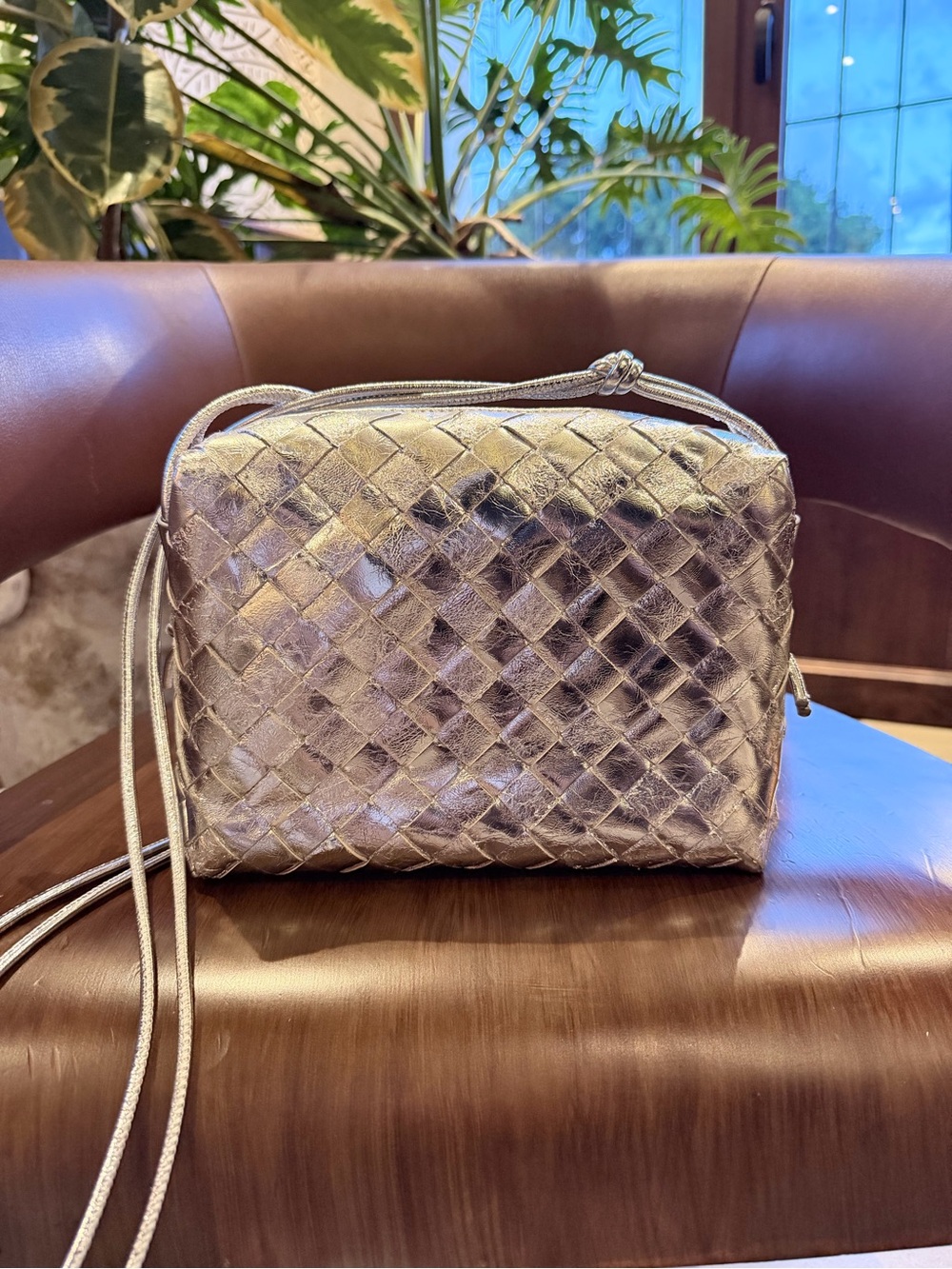Bottega Veneta Metallic Silver Intrecciato Lambskin Mini Loop Camera Bag
